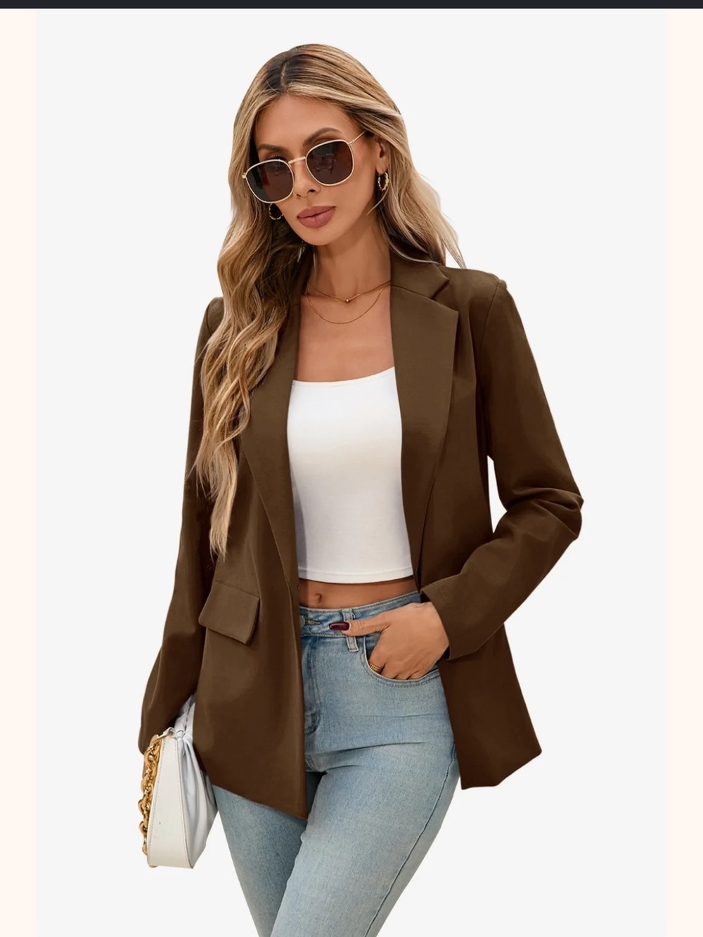 Women's Brown Open-Front Tailored Blazer Jacket
